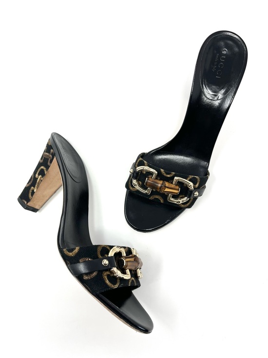 Gucci Shoes - Vintage Vtg Gucci By Tom Ford 90s Black Bamboo Horsebit Sandals Slides Heels 6.5